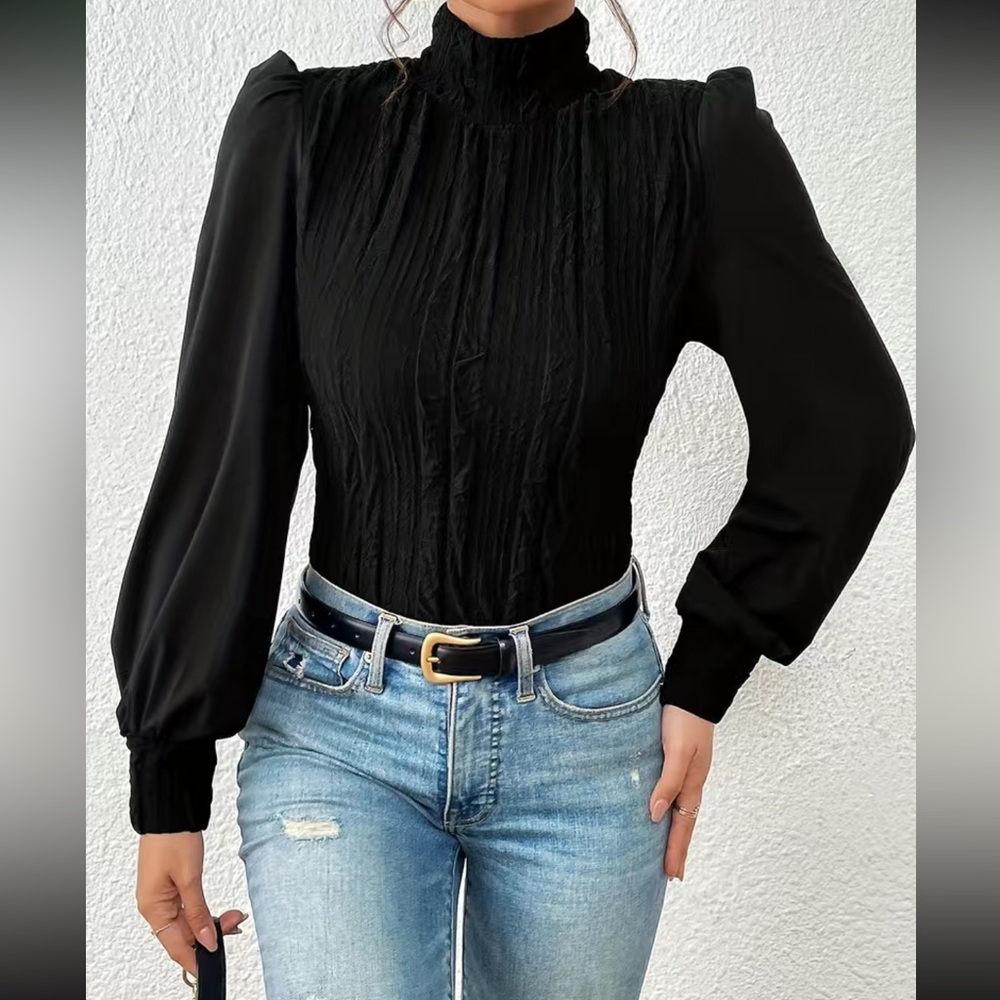 Luxe black ruched high neck long sleeve top - Picture 2 of 6